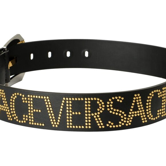 Versace Black 100%Leather Gold Color Metal Logo Studs Decorated Belt US 38 IT 95 - Picture 4 of 6